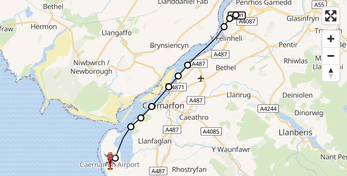 Flight route Air Ambulance Helicopter Aber Pwll - Caernarfon Airport, 09 July 2026, 18:41