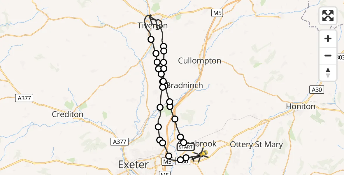 Flight route Police Helicopter Cranbrook - Aylesbeare, 09 July 2026, 18:46