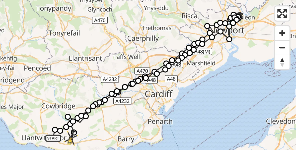 Flight route Police Helicopter Boverton - West Aberthaw, 09 July 2026, 18:49