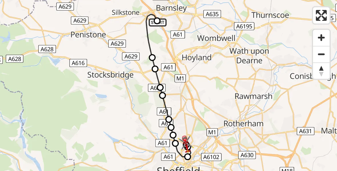 Flight route Air Ambulance Helicopter Barnsley - Sheffield Northern Hospital, 09 July 2026, 18:51