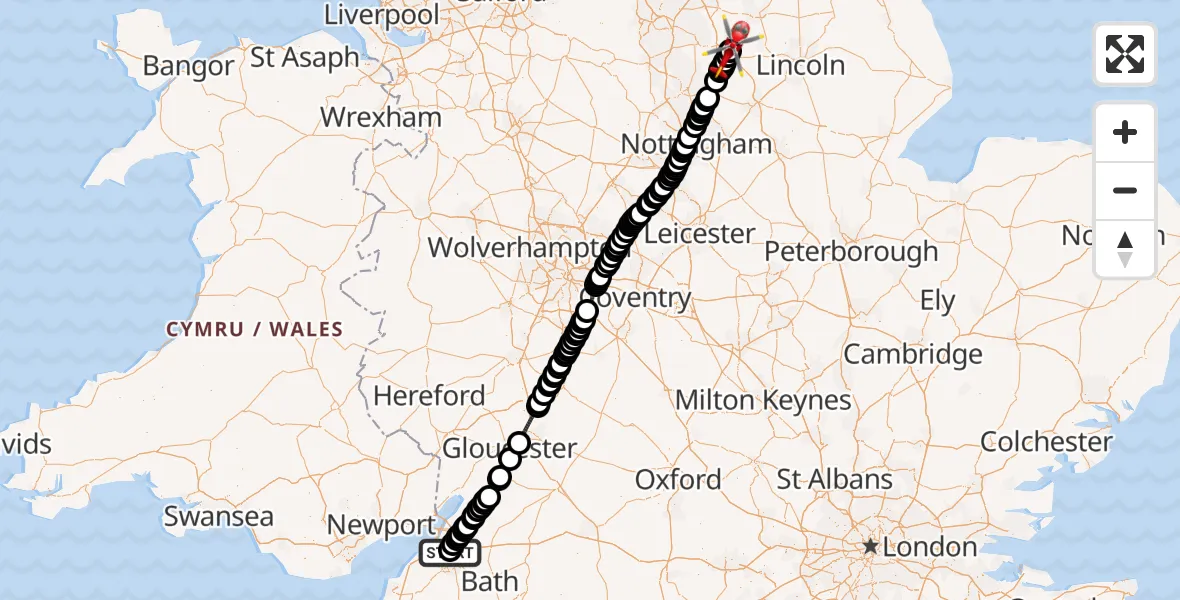 Flight route Air Ambulance Helicopter Southmead Hospital - Retford Gamston Airport, 09 July 2026, 18:52