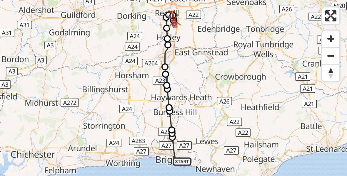 Flight route Air Ambulance Helicopter Brighton - South Nutfield, 09 July 2026, 18:56