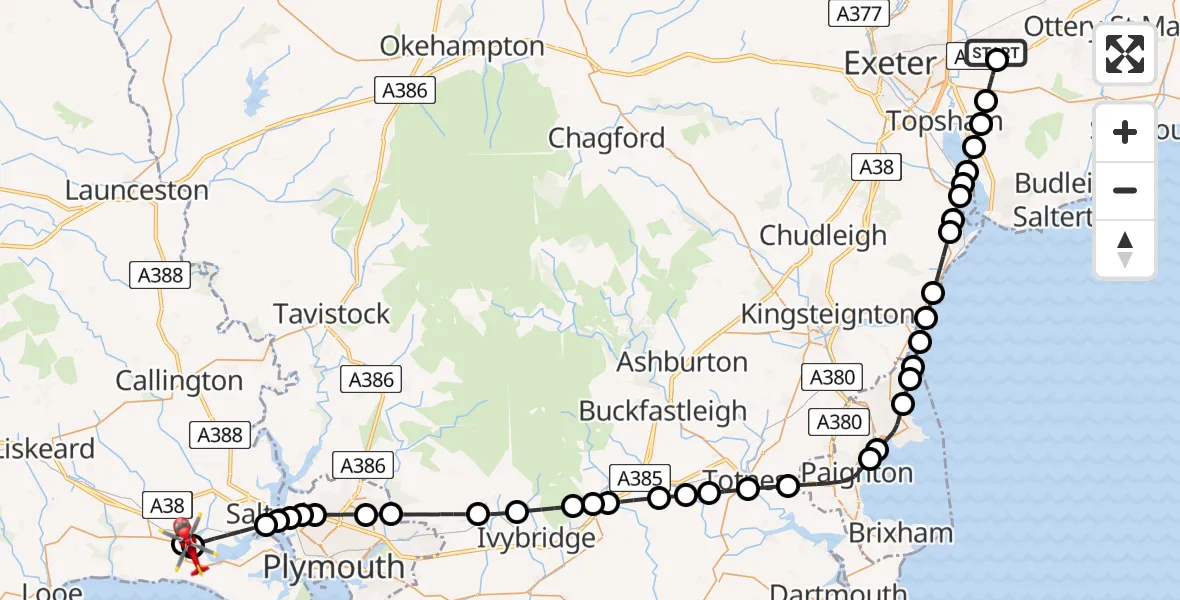 Flight route Air Ambulance Helicopter Exeter International Airport - Sheviock, 09 July 2026, 19:00