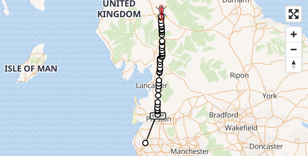 Flight route Air Ambulance Helicopter Royal Preston - Edenhall, 09 July 2026, 19:16