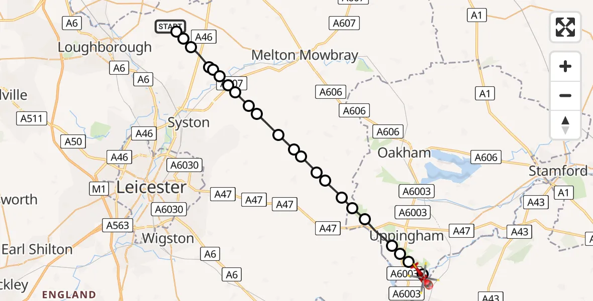 Flight route Air Ambulance Helicopter Wymeswold - Caldecott, 09 July 2026, 19:19