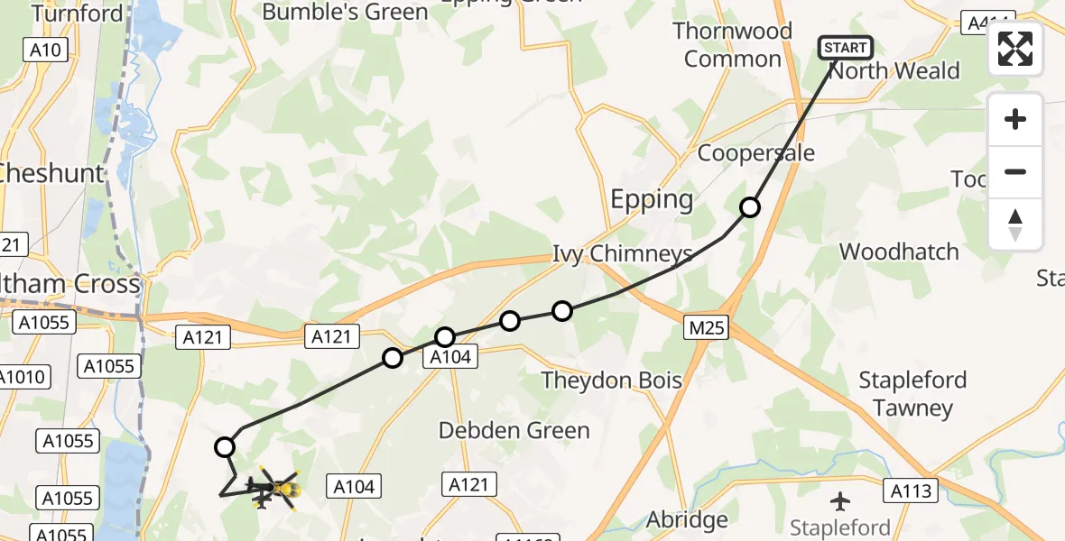 Flight route Police Helicopter North Weald Airfield - Sewardstonebury, 09 July 2026, 19:34