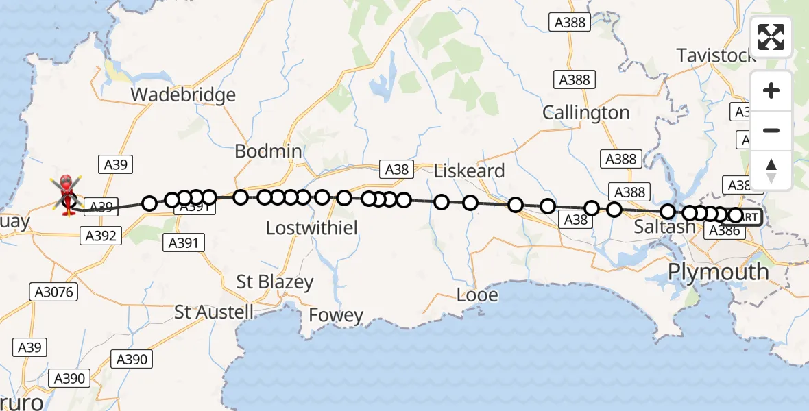 Flight route Air Ambulance Helicopter Derriford Hospital - Cornwall Airport Newquay, 09 July 2026, 19:37