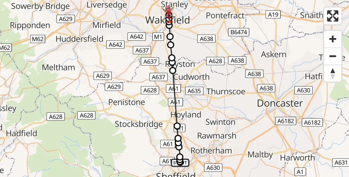 Flight route Air Ambulance Helicopter Sheffield Northern Hospital - Stanley, 09 July 2026, 19:50