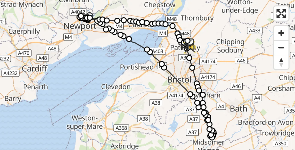 Flight route Police Helicopter Almondsbury - Bristol, 09 July 2026, 19:52