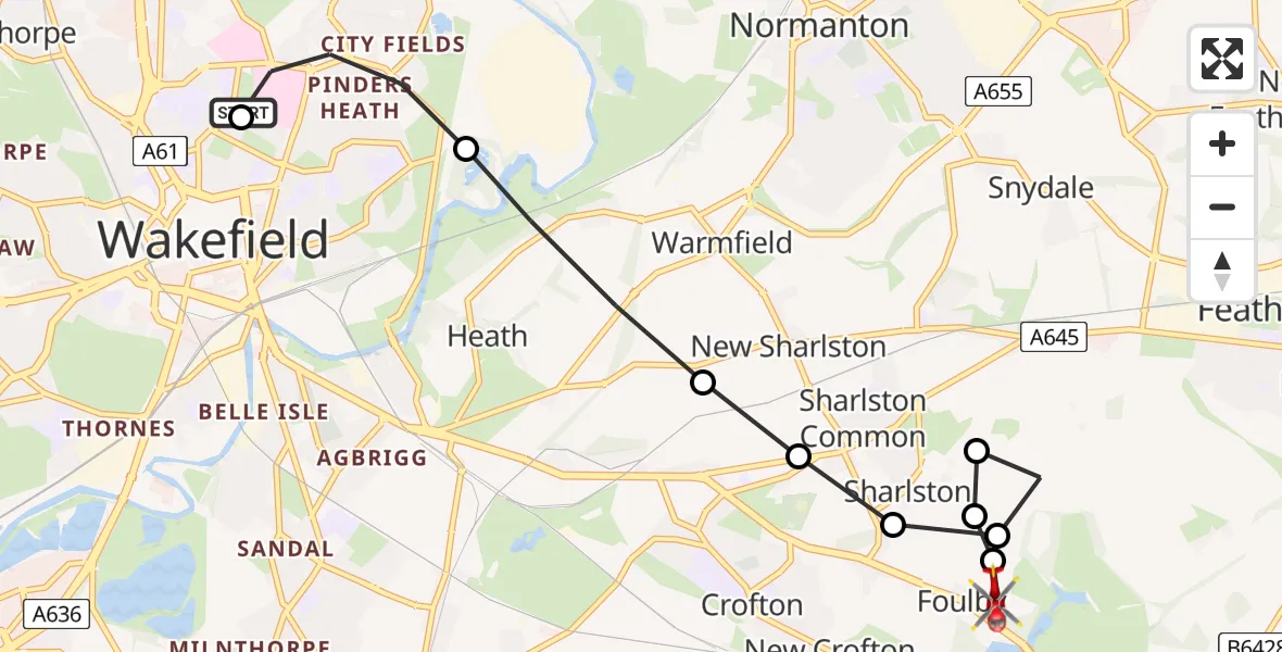Flight route Air Ambulance Helicopter Newton Hill - YAA Nostell Helicopter Port, 09 July 2026, 20:08
