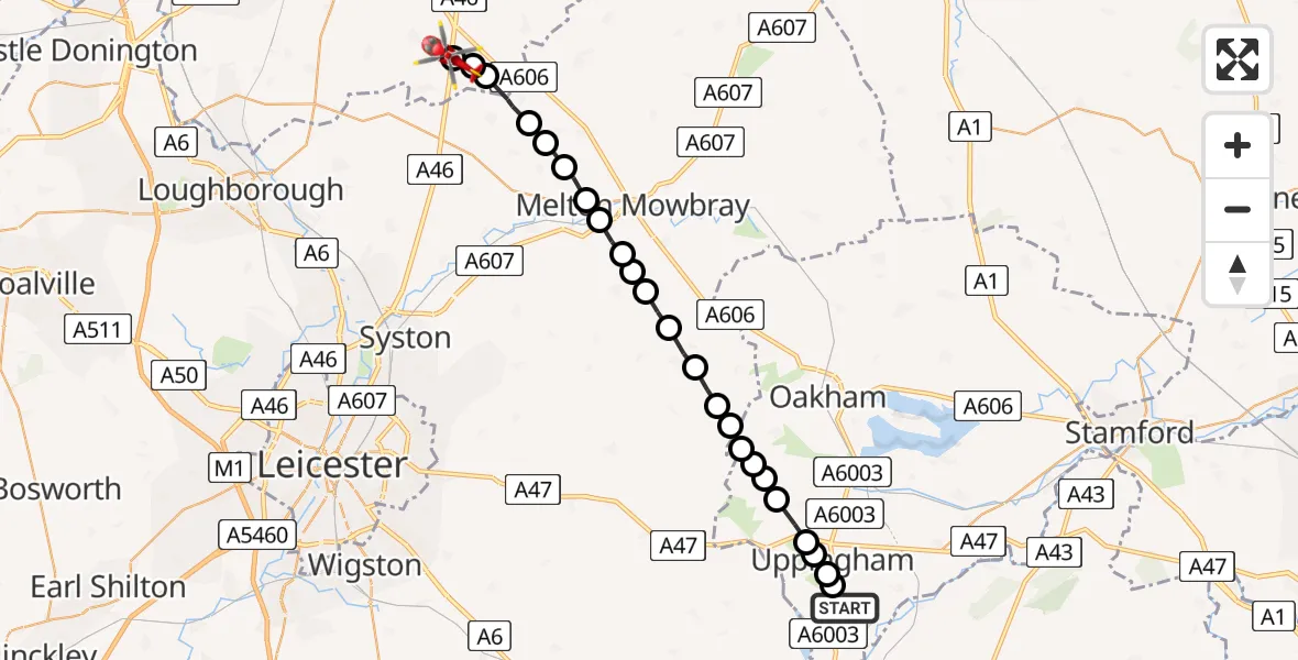 Flight route Air Ambulance Helicopter Lyddington - Nottingham Heliport, 09 July 2026, 20:12