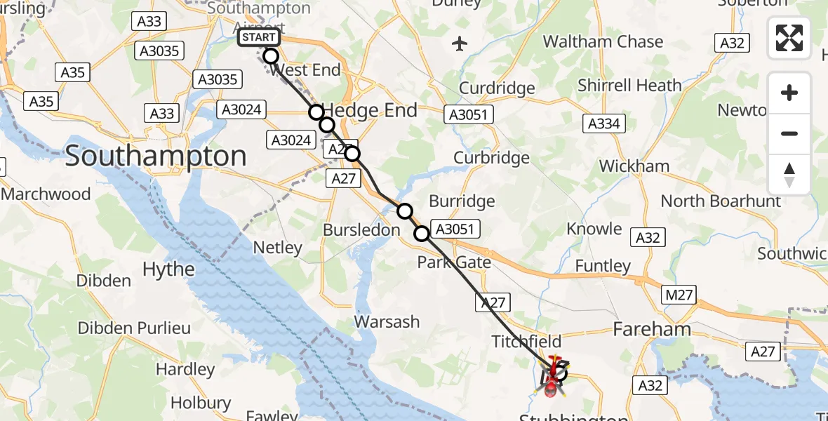 Flight route Air Ambulance Helicopter Townhill Park - Stubbington, 09 July 2026, 20:16