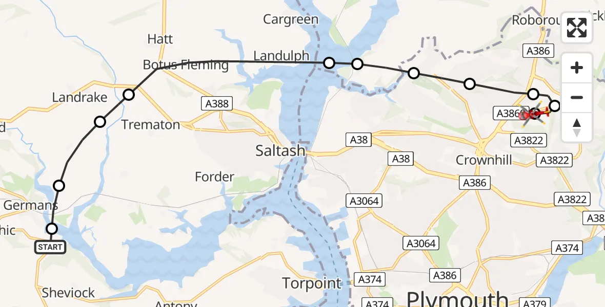 Flight route Air Ambulance Helicopter Sheviock - Derriford Hospital, 09 July 2026, 20:17
