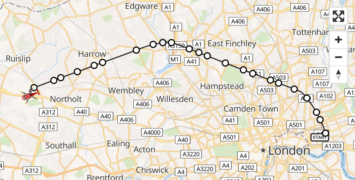 Flight route Air Ambulance Helicopter Royal London Hospital - RAF Northolt, 09 July 2026, 20:23