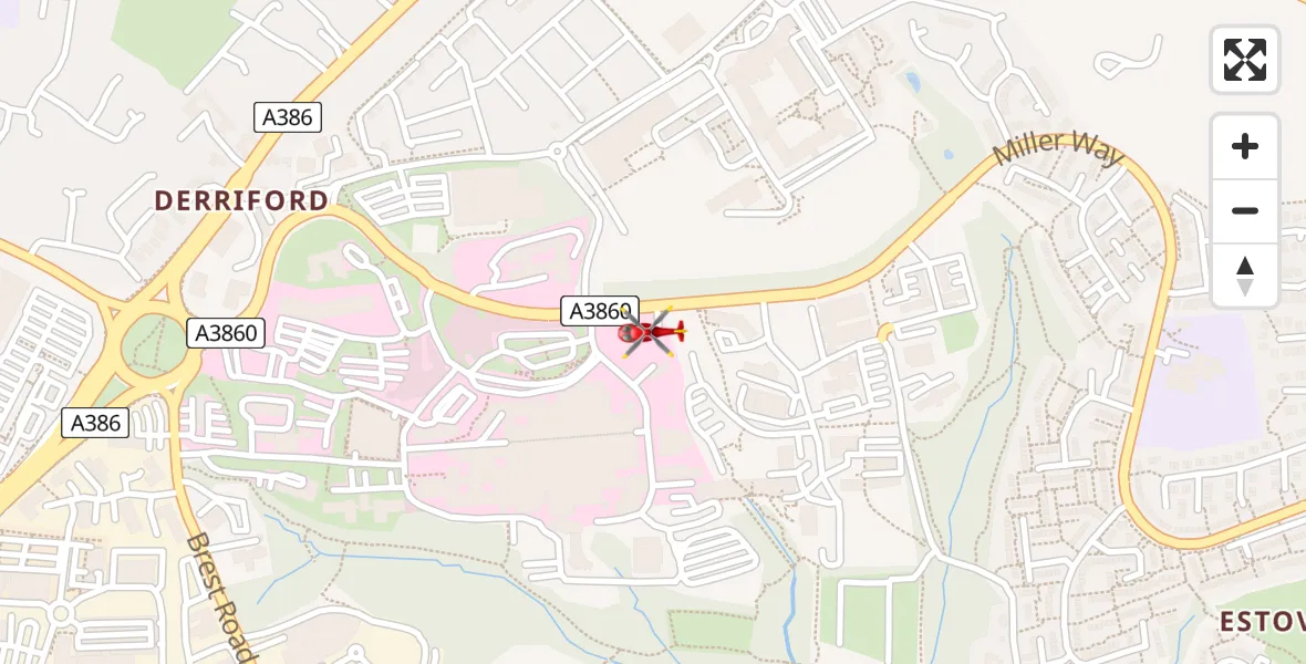 Flight route Air Ambulance Helicopter Derriford Hospital - Derriford Hospital, 09 July 2026, 20:26