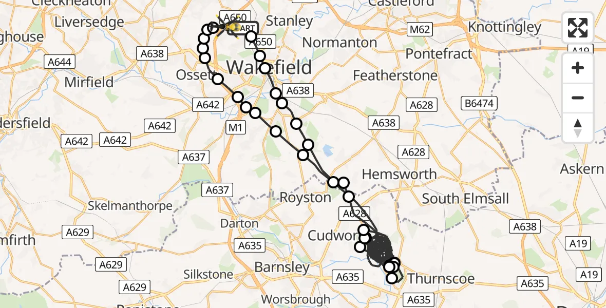 Flight route Police Helicopter Wrenthorpe - East Ardsley, 09 July 2026, 20:52