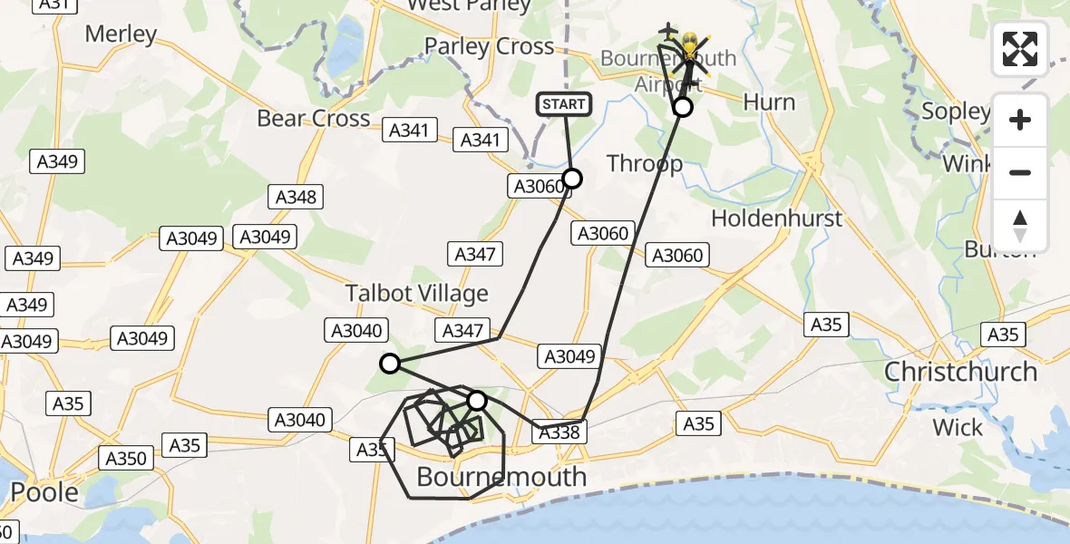 Flight route Police Helicopter Hurn - Bournemouth Airport, 09 July 2026, 20:52