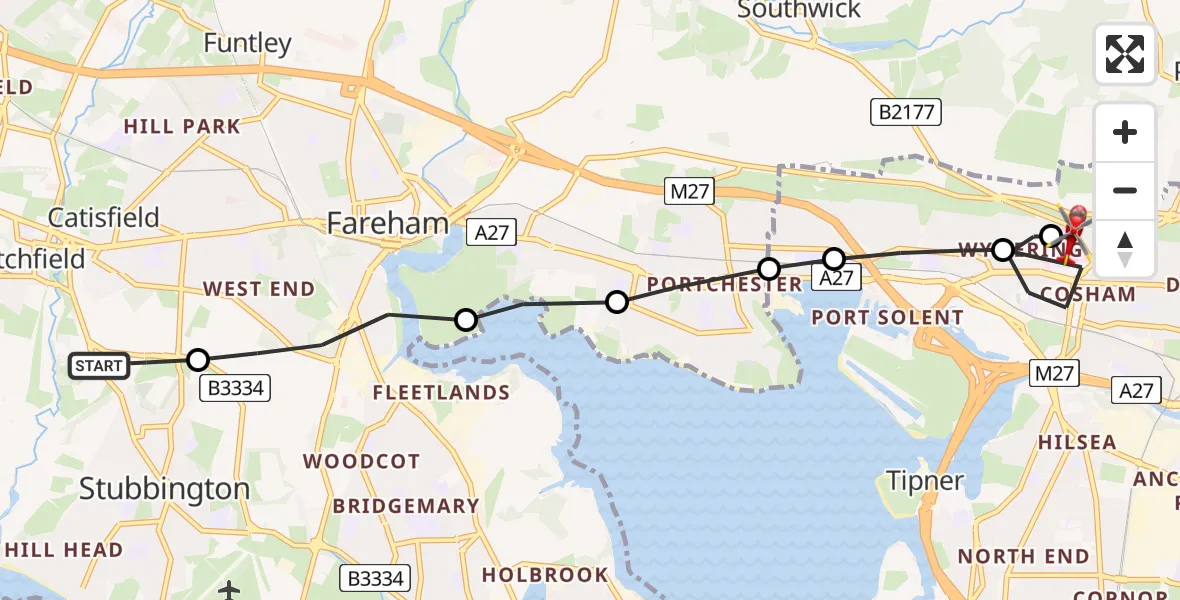 Flight route Air Ambulance Helicopter Stubbington - Queen Alexandra Hospital, 09 July 2026, 20:57