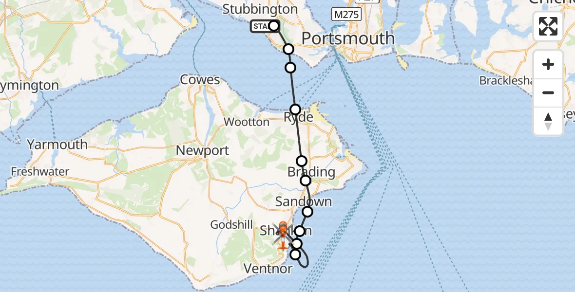 Flight route Coastguard Helicopter Solent Airport - Shanklin, 09 July 2026, 21:03