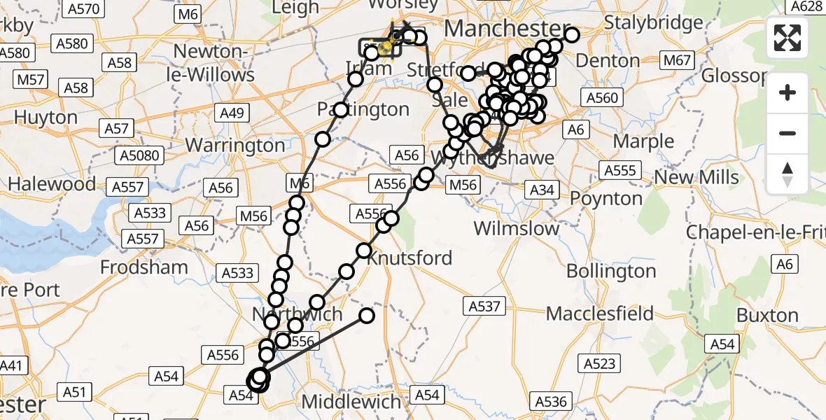 Flight route Police Helicopter Irlam - Manchester Barton Aerodrome, 09 July 2026, 21:15