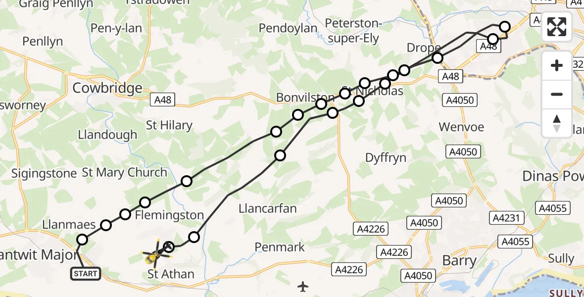 Flight route Police Helicopter Boverton - MOD St Athan, 09 July 2026, 21:18