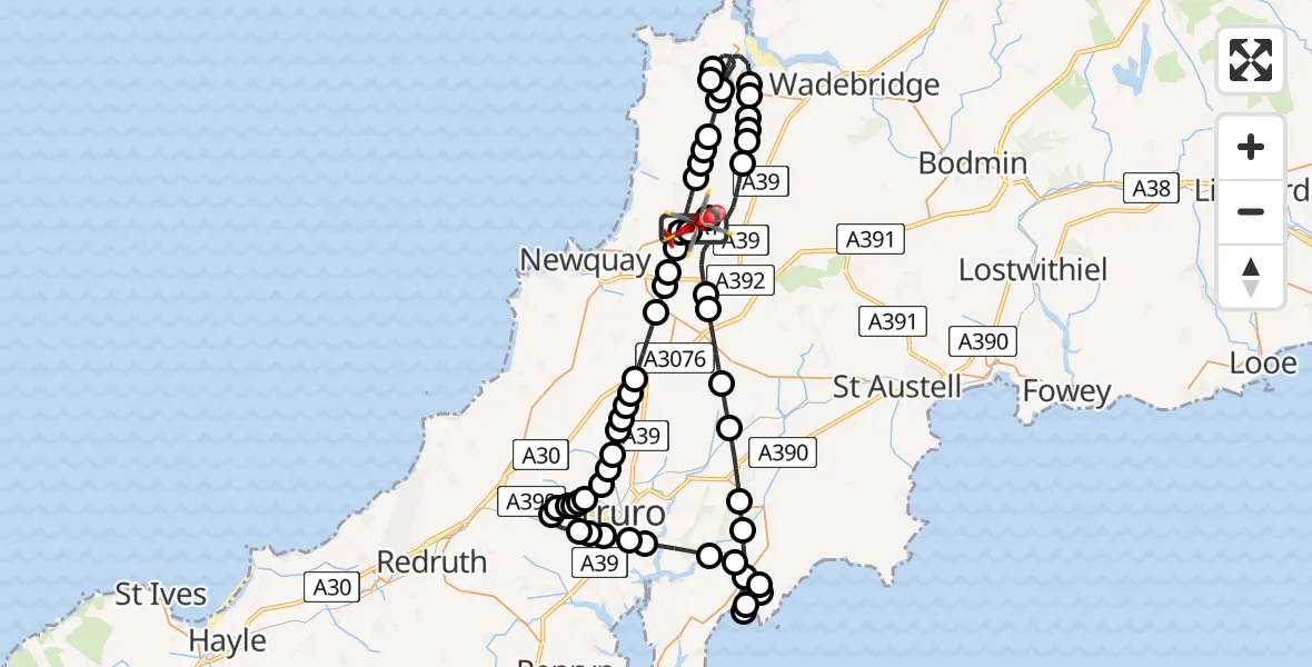 Flight route Air Ambulance Helicopter Cornwall Airport Newquay - Cornwall Airport Newquay, 09 July 2026, 21:21