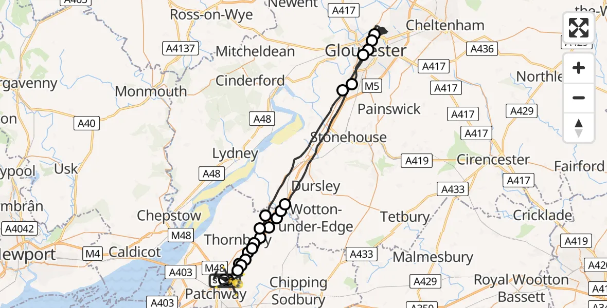 Flight route Police Helicopter Woodlands - Hortham, 09 July 2026, 21:22