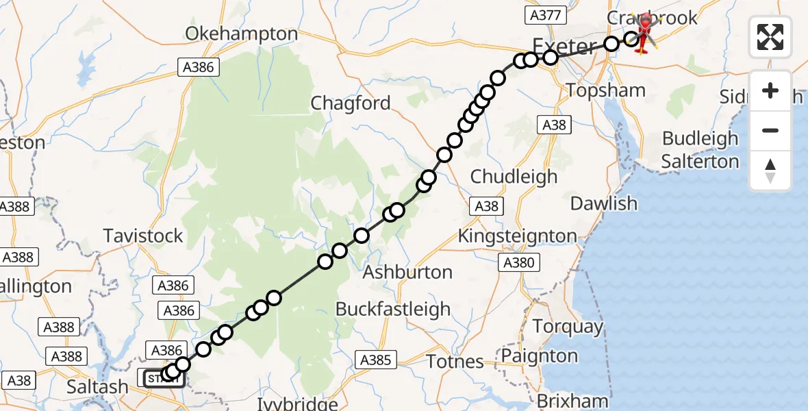 Flight route Air Ambulance Helicopter Derriford Hospital - Exeter International Airport, 09 July 2026, 21:37