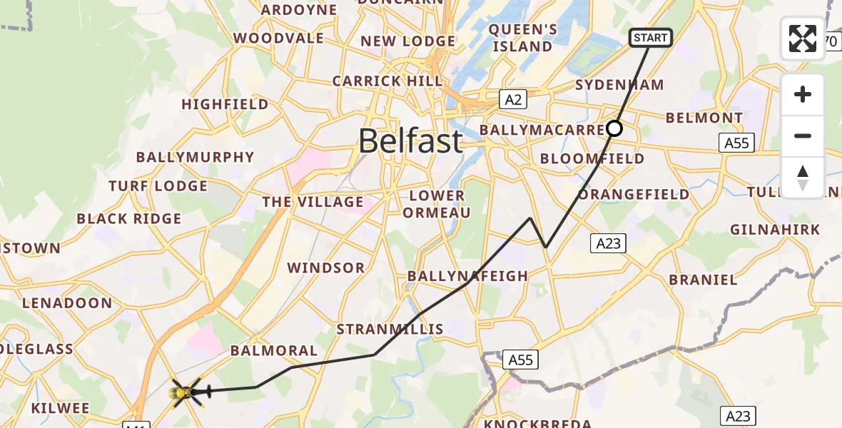 Flight route Police Helicopter George Best Belfast City Airport - Belfast City District, 09 July 2026, 22:18