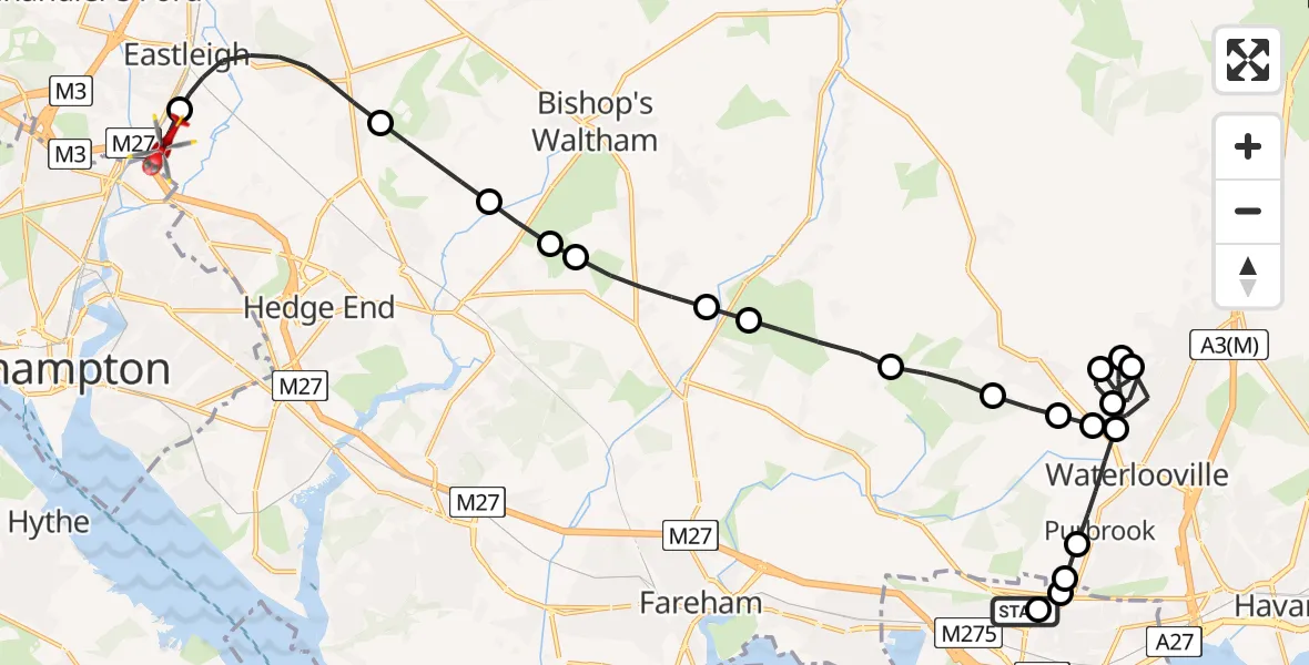Flight route Air Ambulance Helicopter Queen Alexandra Hospital - Southampton Airport, 09 July 2026, 22:19