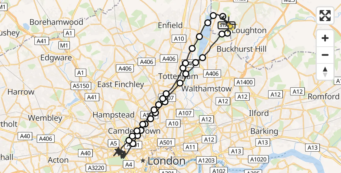 Flight route Police Helicopter Metropolitan Police Air Support Unit Lippitts Hill - Metropolitan Police Air Support Unit Lippitts Hill, 09 July 2026, 22:34