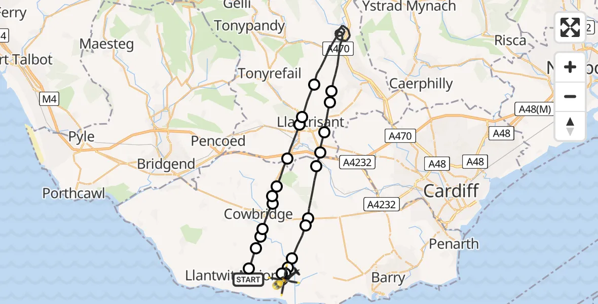 Flight route Police Helicopter Boverton - West Aberthaw, 09 July 2026, 22:41