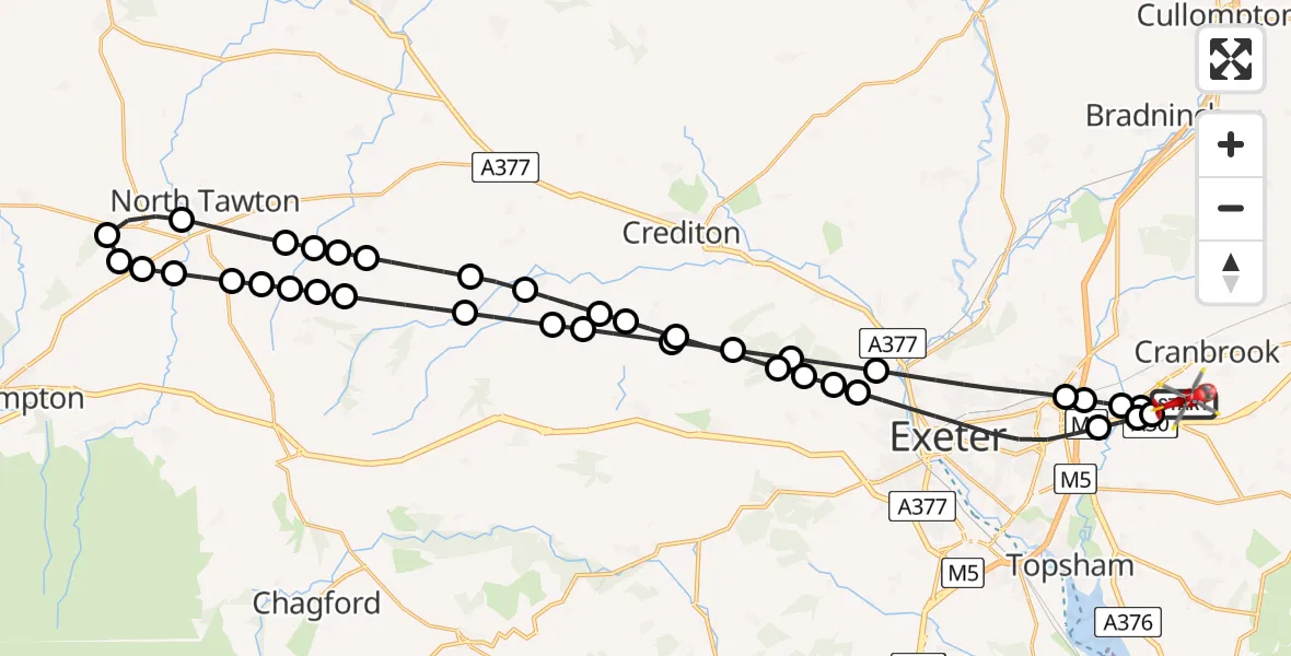 Flight route Air Ambulance Helicopter Exeter International Airport - Exeter International Airport, 09 July 2026, 22:49