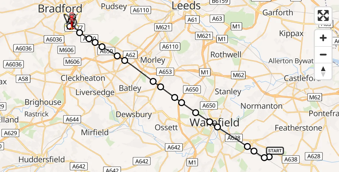 Flight route Air Ambulance Helicopter YAA Nostell Helicopter Port - Bowling, 09 July 2026, 23:04