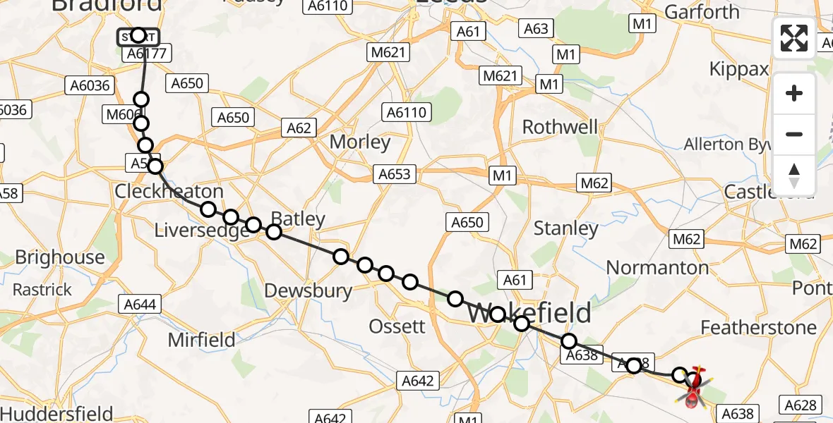 Flight route Air Ambulance Helicopter West Bowling - YAA Nostell Helicopter Port, 09 July 2026, 23:43