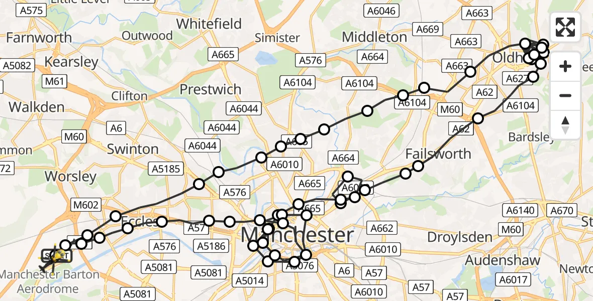 Flight route Police Helicopter Manchester Barton Aerodrome - Manchester Barton Aerodrome, 10 July 2026, 00:14