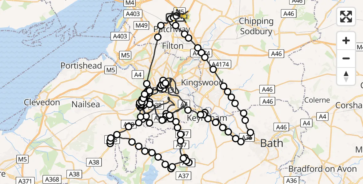 Flight route Police Helicopter Almondsbury Helicopter Base - Almondsbury Helicopter Base, 10 July 2026, 01:09
