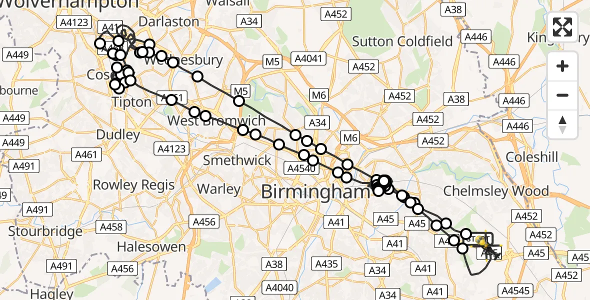 Flight route Police Helicopter Birmingham Airport - Solihull, 10 July 2026, 01:38