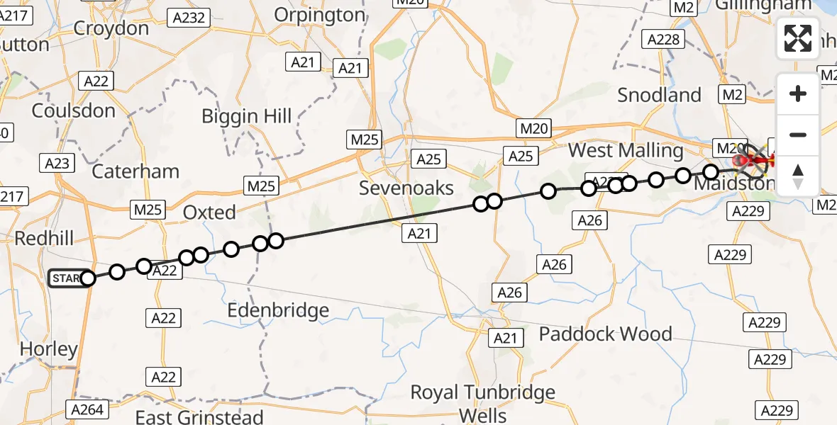 Flight route Air Ambulance Helicopter Redhill Aerodrome - Maidstone, 10 July 2026, 01:48