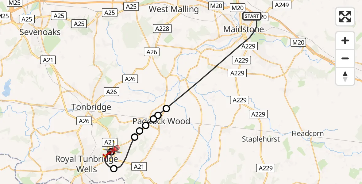Flight route Air Ambulance Helicopter Maidstone - Royal Tunbridge Wells, 10 July 2026, 03:28