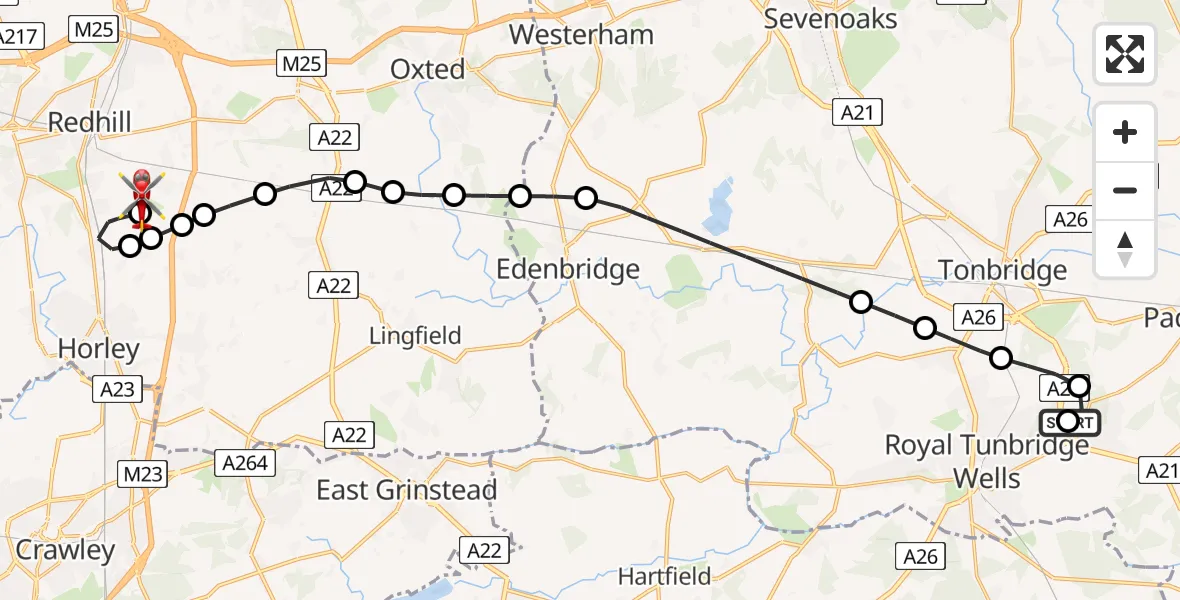 Flight route Air Ambulance Helicopter Tunbridge Wells Hospital Heliport - Redhill Aerodrome, 10 July 2026, 03:56