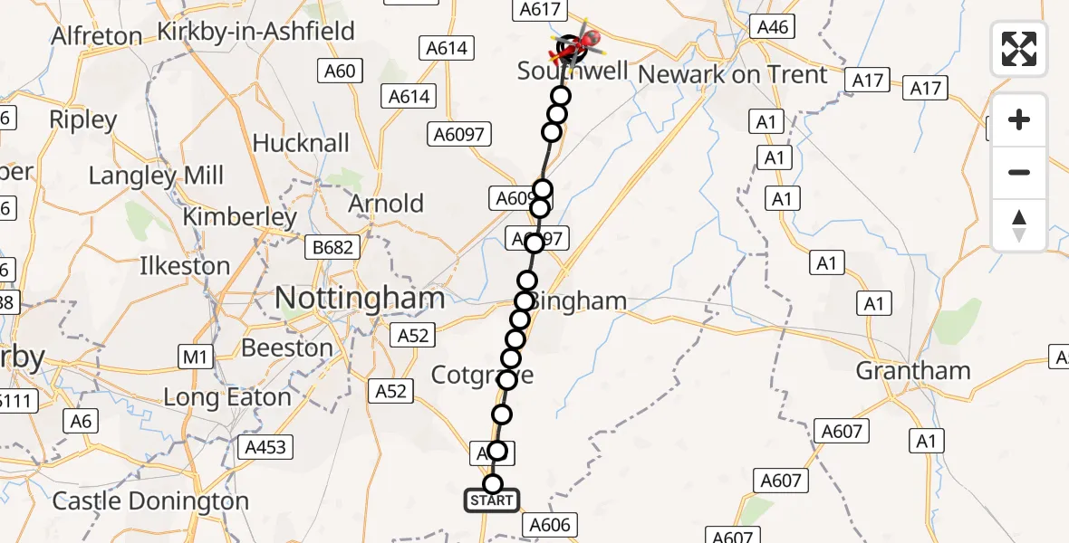 Flight route Air Ambulance Helicopter Nottingham Heliport - Southwell CP, 10 July 2026, 06:26