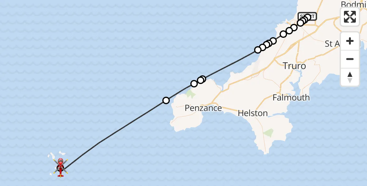 Flight route Air Ambulance Helicopter Cornwall Airport Newquay - St. Mary's Airport, 10 July 2026, 07:11