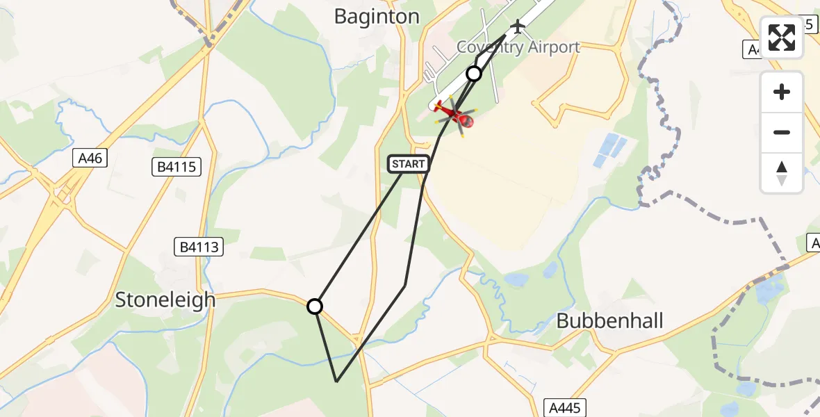 Flight route Air Ambulance Helicopter Coventry Airport - Coventry Airport, 10 July 2026, 07:23