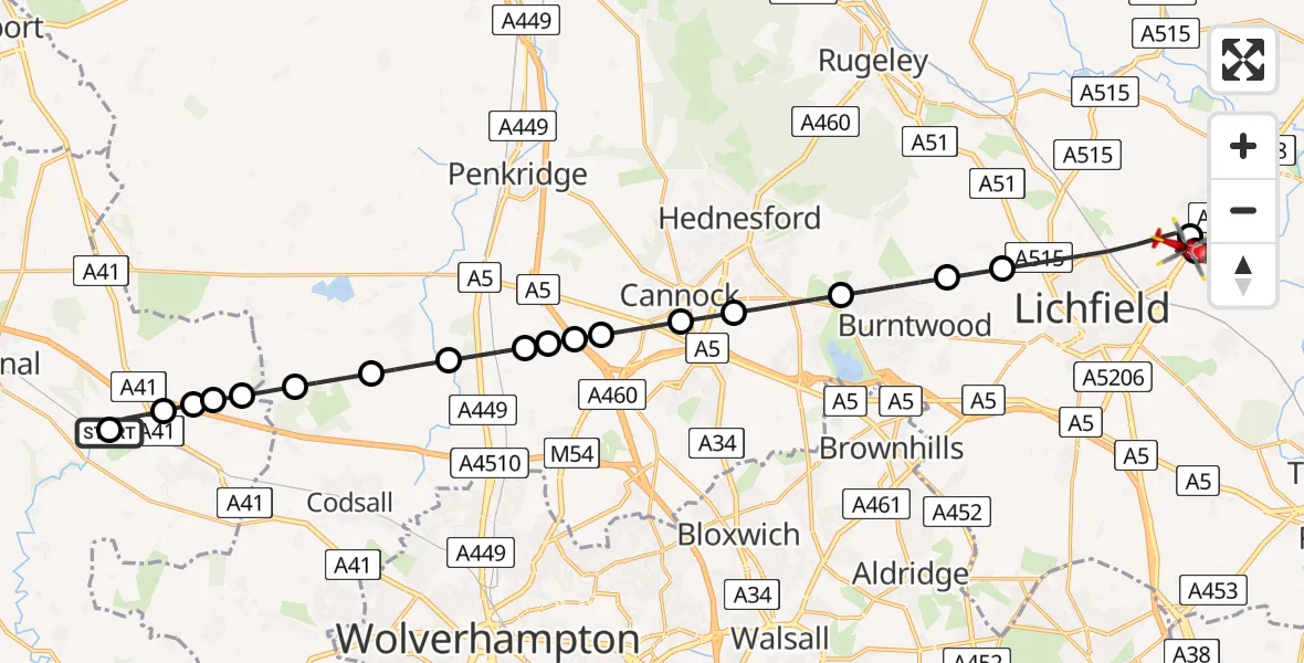 Flight route Air Ambulance Helicopter RAF Cosford - Lichfield, 10 July 2026, 07:28