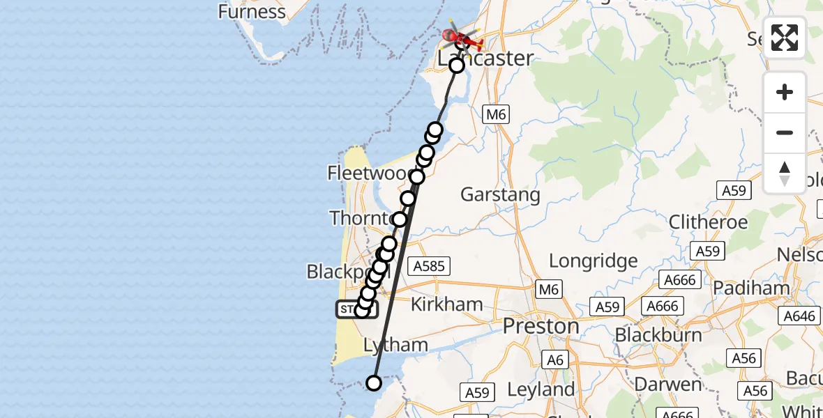 Flight route Air Ambulance Helicopter Blackpool Airport - Morecambe, 10 July 2026, 07:37