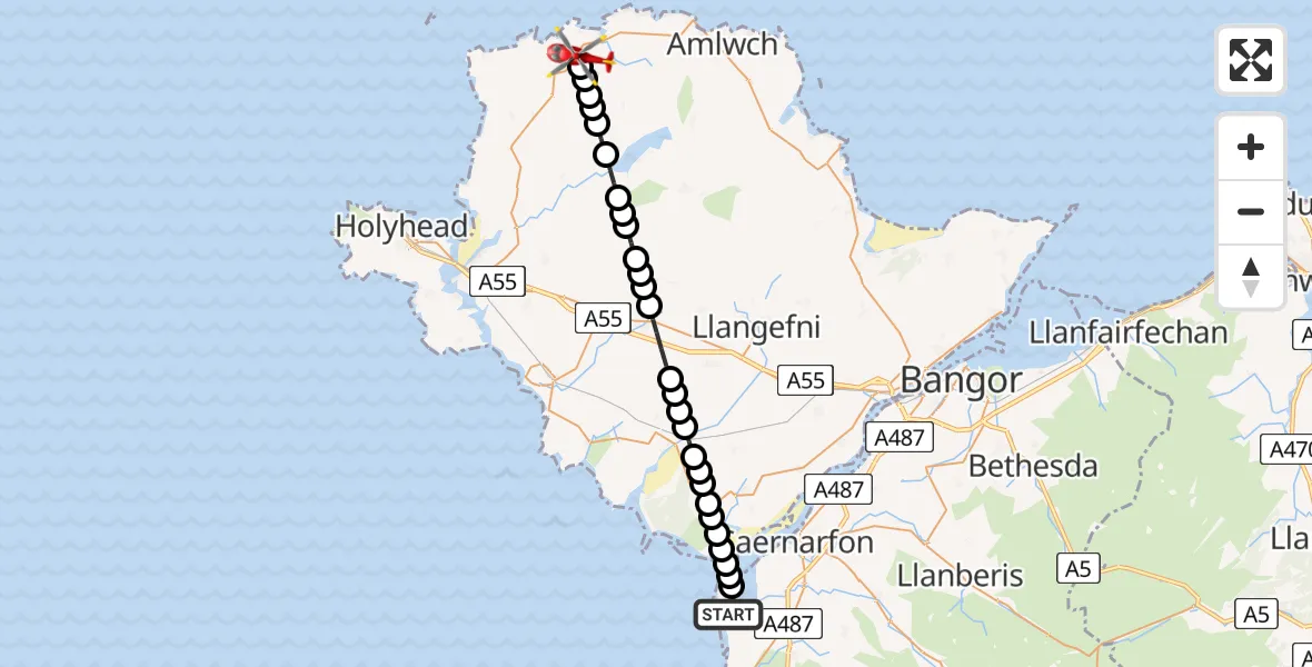 Flight route Air Ambulance Helicopter Caernarfon Airport - Cemaes, 10 July 2026, 07:45