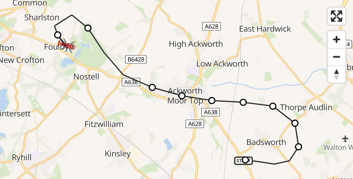 Flight route Air Ambulance Helicopter Badsworth - YAA Nostell Helicopter Port, 10 July 2026, 09:09