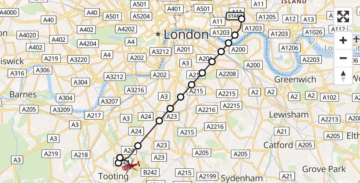 Flight route Air Ambulance Helicopter Royal London Hospital - Balham, 10 July 2026, 09:22
