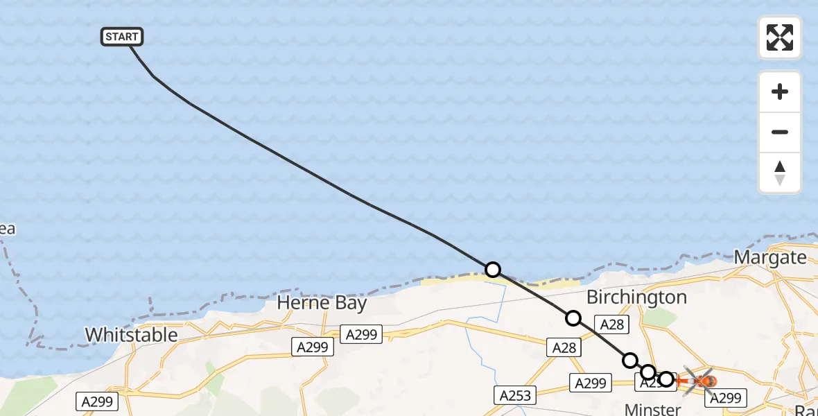 Flight route Coastguard Helicopter North Sea - Manston Airport, 10 July 2026, 09:32